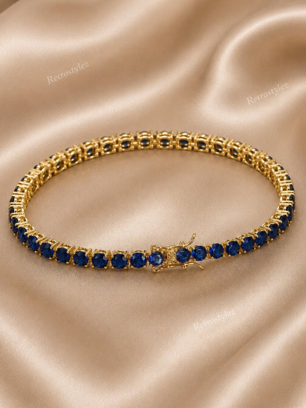Blue Sapphire Tennis Bracelet, 14k Gold Sterling Silver, 7" / 8" , New